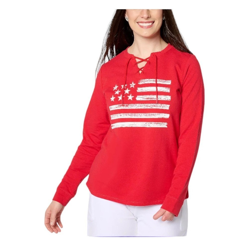Denim & Co. Active Americana Flae French Terry Sueatchirt True Red, 4X #616T